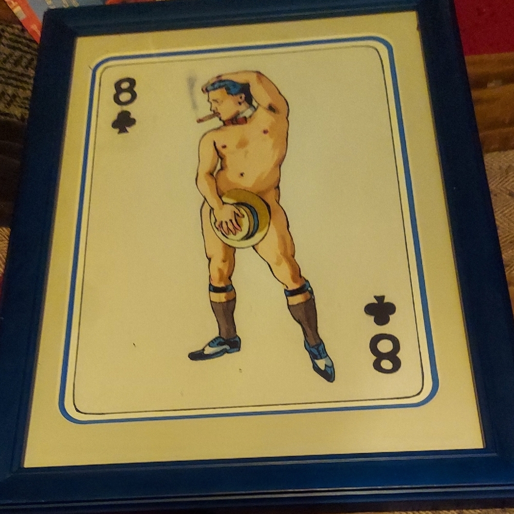 Retro 1950s Male Erotic Art. 8 Of Clubs Playing Card. Profesionally Framed